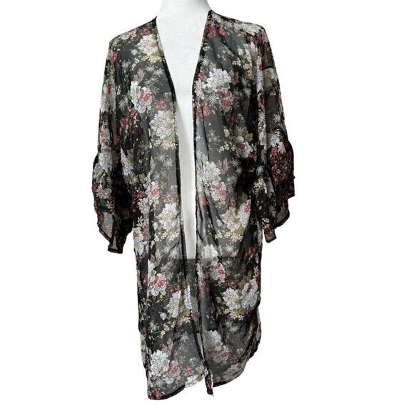Mudd Black Floral Kimono Sheer Boho Shabby Chic - Picture 13 of 13